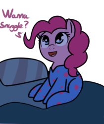 Size: 777x924 | Tagged: safe, artist:neuro, pinkie pie, earth pony, pony, g4, bed, bronybait, clothes, cute, dialogue, diapinkes, female, mare, open mouth, simple background, snuggles?, solo, transparent background