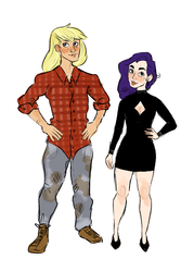 Size: 869x1217 | Tagged: safe, artist:beachyk, artist:beachysart, applejack, rarity, human, g4, black dress, clothes, dress, female, flannel, hand on hip, height difference, high heels, humanized, lesbian, nonbinary, ship:rarijack, shipping, simple background, size difference, white background