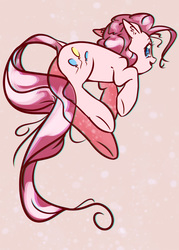 Size: 627x875 | Tagged: safe, artist:mirroredsea, pinkie pie, earth pony, pony, g4, abstract background, female, jumping, looking at you, looking back, looking back at you, mare, open mouth, smiling, solo