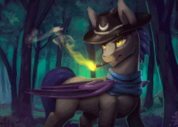 Size: 672x480 | Tagged: safe, artist:rodrigues404, oc, oc only, bat pony, pony, animated, cigarette, cinemagraph, commission, cowboy hat, forest, gif, hat, male, rain, slit pupils, smoking, solo, stallion, stetson, tree