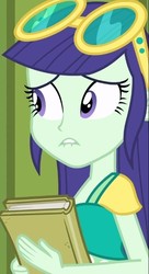 Size: 336x618 | Tagged: safe, screencap, blueberry cake, equestria girls, g4, my little pony equestria girls, background human, book, cropped, female, lip bite, scared, solo, sunglasses