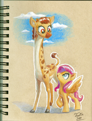 Size: 682x900 | Tagged: safe, artist:tsitra360, clementine, fluttershy, giraffe, pegasus, pony, fluttershy leans in, g4, duo, female, looking at each other, looking down, looking up, mare, notebook, signature, smiling, traditional art