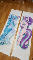 Size: 540x960 | Tagged: safe, artist:renokim, starlight glimmer, trixie, pony, unicorn, g4, blushing, body pillow, body pillow design, butt, cup, cute, diatrixes, featureless crotch, female, glimmerbetes, looking at you, looking back, mare, one eye closed, pixiv, plot, teacup, wand