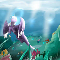 Size: 2700x2700 | Tagged: safe, artist:helgabuttercup, oc, oc only, merpony, pony, commission, high res, ocean, scenery, signature, solo, underwater, wings
