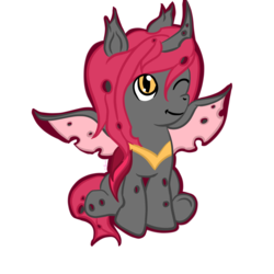 Size: 1395x1394 | Tagged: safe, artist:silversthreads, oc, oc only, oc:glitch desire, changeling, changeling oc, cutie, digital art, foal, one eye closed, pink changeling, simple background, solo, transparent background