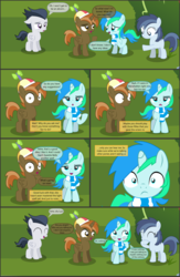 Size: 4550x7000 | Tagged: safe, artist:cyanlightning, button mash, rumble, shady daze, oc, oc:cyan lightning, alicorn, earth pony, pegasus, pony, unicorn, comic:cyan's adventure, g4, .svg available, absurd resolution, blushing, breaking the fourth wall, buttoncorn, clothes, colt, comic, female, filly, hat, levitation, magic, male, narrator, rule 63, scarf, telekinesis, vector