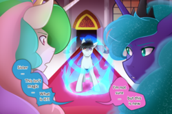 Size: 1280x853 | Tagged: safe, artist:mylittlesheepy, princess celestia, princess luna, oc, oc:tobias, pony, g4, aura, caption, confused, dialogue, female, heterochromia, male, royal sisters, smiling