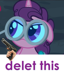 Size: 975x1146 | Tagged: safe, edit, edited screencap, screencap, sugar belle, pony, unicorn, g4, hard to say anything, angry, caption, cropped, delet this, ears back, female, glasses, gun, hand, image macro, magnifying glass, mare, meme, mouth hold, solo, special eyes, unamused, weapon