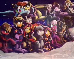 Size: 1280x1029 | Tagged: safe, artist:redheadfly, apple bloom, applejack, big macintosh, cheerilee, derpy hooves, diamond tiara, fluttershy, rainbow dash, rarity, rumble, scootaloo, silver spoon, sunset shimmer, sweetie belle, twilight sparkle, oc, oc:hades, oc:lightning blitz, oc:sandy hooves, oc:warden, alicorn, earth pony, pegasus, pony, unicorn, g4, baby, baby pony, clothes, colt, cutie mark crusaders, ear piercing, earring, eyepatch, eyes closed, female, heart, holding a pony, holding hooves, horn, horn ring, jewelry, lesbian, male, mare, mother and son, motherly scootaloo, night, offspring, older, older apple bloom, older scootaloo, older sweetie belle, open mouth, parent:rain catcher, parent:scootaloo, parents:catcherloo, piercing, ship:rumbloo, ship:sweetiebloom, ship:twimac, shipping, smiling, snow, stallion, stars, straight, suit, twilight sparkle (alicorn)