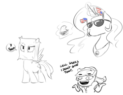 Size: 738x568 | Tagged: safe, artist:shoutingisfun, applejack, princess celestia, rainbow dash, pony, anthro, g4, american flag, anthro with ponies, burger, dialogue, eating, food, hamburger, magic, paper bag, partial color, shrug, simple background, sketch, sketch dump, sunglasses, telekinesis, white background