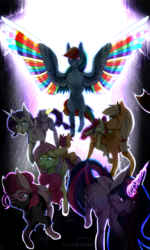 Size: 1702x2836 | Tagged: safe, artist:beyondtheillusion, apple bloom, applejack, fluttershy, pinkie pie, rainbow dash, rarity, scootaloo, sweetie belle, twilight sparkle, alicorn, earth pony, pegasus, pony, unicorn, g4, colored wings, cutie mark crusaders, female, filly, glowing horn, horn, magic, mane six, mare, multicolored wings, rainbow wings, request, smiling, spread wings, twilight sparkle (alicorn), wings