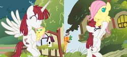 Size: 1800x816 | Tagged: safe, artist:beavernator, fluttershy, oc, oc:fausticorn, alicorn, pony, g4, alicorn oc, baby, baby pony, babyshy, cute, diaper, female, filly, flying, foal, lauren faust, ponified, shyabetes