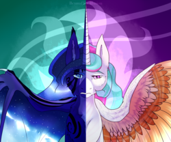 Size: 1702x1419 | Tagged: safe, artist:beyondtheillusion, princess celestia, princess luna, alicorn, pony, g4, body markings, female, looking at you, mare, missing accessory, royal sisters, sisters, split screen