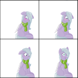 Size: 1595x1595 | Tagged: safe, artist:zephyr!, oc, oc only, oc:lilac breeze, pegasus, pony, blushing, clothes, comic, female, lilac, scarf, solo