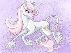 Size: 1365x1024 | Tagged: safe, artist:firimil, fleur-de-lis, classical unicorn, pony, unicorn, g4, abstract background, cloven hooves, female, horn, leonine tail, lidded eyes, solo, unshorn fetlocks