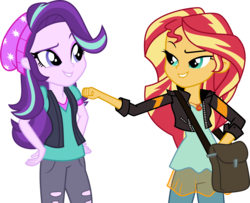 Size: 9000x7322 | Tagged: safe, artist:limedazzle, starlight glimmer, sunset shimmer, equestria girls, equestria girls specials, g4, mirror magic, absurd resolution, beanie, clothes, duo, female, fist, handbag, hat, jacket, leather jacket, lip bite, pants, raised eyebrow, simple background, torn clothes, transparent background, vector, vest