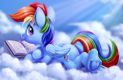 Size: 2000x1306 | Tagged: safe, artist:tsitra360, rainbow dash, pegasus, pony, g4, alicorn amulet, book, bookmark, butt, cloud, crepuscular rays, crossed legs, cute, dashabetes, dock, egghead, female, fluffy, folded wings, frog (hoof), implied twilight sparkle, looking at you, looking back, looking back at you, lying down, lying on a cloud, mare, on a cloud, outdoors, plot, prone, rainbutt dash, reading rainboom, signature, smiling, smiling at you, solo, sploot, tail, underhoof, wings