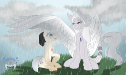 Size: 2290x1375 | Tagged: safe, artist:shilohsmilodon, oc, oc only, oc:karats, oc:stratus storm, earth pony, pegasus, pony, crystal, cute, friends, gift art, helpful, horned