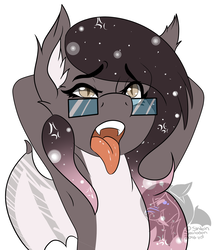 Size: 1540x1775 | Tagged: safe, artist:shilohsmilodon, oc, oc only, oc:gradient wish, bat pony, pony, ahegao, arm behind head, armpits, female, glasses, open mouth, simple background, solo, tongue out, white background