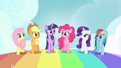 Size: 7680x4320 | Tagged: safe, artist:frownfactory, applejack, fluttershy, pinkie pie, rainbow dash, rarity, twilight sparkle, alicorn, earth pony, pegasus, pony, unicorn, all bottled up, g4, absurd resolution, best friends until the end of time, female, mane six, twilight sparkle (alicorn), vector, wallpaper