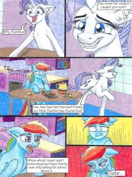 Size: 1280x1707 | Tagged: safe, artist:tillie-tmb, rainbow dash, rarity, pegasus, pony, unicorn, comic:the amulet of shades, g4, blushing, comic, cup, table, teacup, teapot, teasing, traditional art