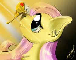 Size: 4200x3300 | Tagged: safe, artist:raptorpwn3, fluttershy, butterfly, pony, g4, bust, butterfly on nose, crepuscular rays, cute, female, high res, hope, insect on nose, looking at something, mare, portrait, profile, sad, smiling, solo