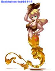 Size: 2550x3300 | Tagged: safe, artist:hachimitsu-ink, applejack, genie, human, g4, breasts, busty applejack, cleavage, cutie mark, female, geniefied, halter top, hat, high res, humanized, simple background, solo, transparent background