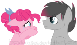 Size: 1002x590 | Tagged: safe, artist:ipandacakes, pinkie pie, oc, oc:frosting, pony, g4, crying, female, male, mother and son, offspring, parent:pinkie pie, parent:pokey pierce, parents:pokeypie, simple background, stallion, transparent background