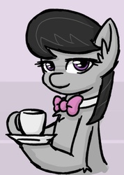 Size: 720x1014 | Tagged: safe, artist:plunger, octavia melody, earth pony, pony, g4, 4chan, bowtie, cup, drawthread, female, hoof hold, lidded eyes, saucer, smiling, solo