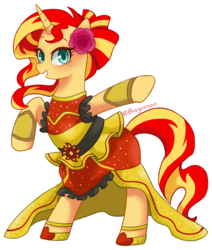 Size: 900x1059 | Tagged: safe, artist:buryooooo, sunset shimmer, pony, unicorn, dance magic, equestria girls, equestria girls specials, g4, clothes, cute, dress, female, mare, shimmerbetes, smiling, solo