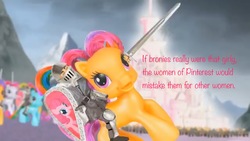 Size: 2208x1242 | Tagged: safe, edit, edited screencap, screencap, pinkie pie, rainbow dash (g3), scootaloo (g3), human, g3, g3.5, g4, brony stereotype, collegehumor, fantasy class, humans riding ponies, knight, riding, stereotype, stock vector, the fall of pinterest, toy, warrior