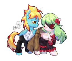 Size: 1024x866 | Tagged: safe, artist:ogre, oc, oc only, pony, clothes, dress, duo, eyepatch, eyes closed, flower, simple background, white background
