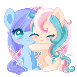 Size: 600x600 | Tagged: safe, artist:exceru-karina, oc, oc only, oc:fantasy heart, oc:twinkle heart, pony, blushing, cute, duo, hug, no pupils, simple background, transparent background