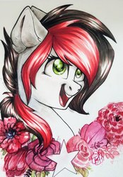 Size: 1024x1473 | Tagged: safe, artist:segraece, oc, oc only, oc:red brush, pony, flower, solo, traditional art