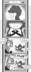 Size: 1451x3300 | Tagged: safe, artist:loreto-arts, moondancer, spike, dragon, pony, unicorn, comic:friendship is innuendo, g4, blood, bloodstone scepter, blushing, changeling horn, cloak, clothes, comic, female, freudian slip, grayscale, horn, innuendo, magical wave, mare, monochrome, nosebleed, scepter, twilight scepter