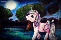 Size: 1141x748 | Tagged: safe, artist:lolliangel123, twilight, pony, g1, bow, female, night, solo, tail bow, traditional art, tree