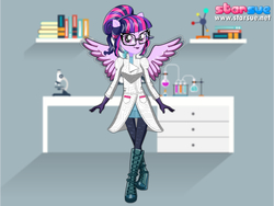 Size: 800x600 | Tagged: safe, artist:user15432, sci-twi, twilight sparkle, human, equestria girls, g4, my little pony equestria girls: friendship games, clothes, female, glasses, humanized, lab coat, pegasus wings, ponied up, pony ears, sci-twilicorn, solo, starsue, twilight sparkle (alicorn), winged humanization, wings