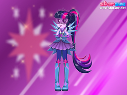 Size: 800x600 | Tagged: safe, artist:user15432, sci-twi, twilight sparkle, human, equestria girls, g4, my little pony equestria girls: legend of everfree, boots, crystal guardian, crystal wings, cutie mark, female, glasses, high heel boots, humanized, looking at you, ponied up, ponytail, purple background, sci-twilicorn, solo, sparkles, starsue, super ponied up, twilight sparkle (alicorn), winged humanization, wings