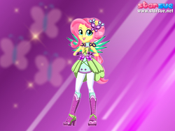 Size: 800x600 | Tagged: safe, artist:user15432, fluttershy, human, equestria girls, g4, my little pony equestria girls: legend of everfree, boots, crystal guardian, crystal wings, cute, cutie mark, female, high heel boots, humanized, looking at you, ponied up, ponytail, purple background, solo, sparkles, starsue, super ponied up, winged humanization, wings