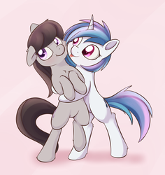 Size: 988x1048 | Tagged: safe, artist:dusthiel, dj pon-3, octavia melody, vinyl scratch, earth pony, pony, unicorn, bipedal, blushing, cheek squish, cute, duo, female, hug, lesbian, mare, scratchtavia, shipping, smiling, squishy cheeks, tongue out