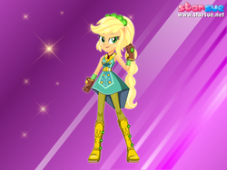 Size: 800x600 | Tagged: safe, artist:user15432, applejack, human, equestria girls, g4, my little pony equestria girls: legend of everfree, boots, clothes, cowboy boots, crystal guardian, female, freckles, high heel boots, looking at you, ponied up, ponytail, purple background, shoes, solo, sparkles, starsue, super ponied up