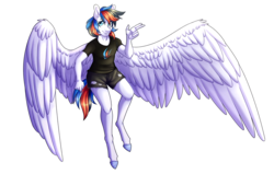 Size: 5500x3500 | Tagged: safe, artist:micky-ann, oc, oc only, oc:retro city, pegasus, anthro, unguligrade anthro, absurd resolution, anthro oc, clothes, colored pupils, female, gift art, large wings, looking at you, mare, shirt, shorts, simple background, smiling, solo, spread wings, transparent background, wings