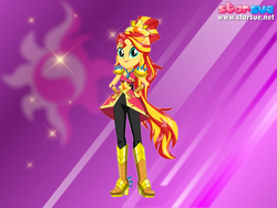 Size: 800x600 | Tagged: safe, artist:user15432, sunset shimmer, human, equestria girls, g4, my little pony equestria girls: legend of everfree, boots, crystal guardian, cutie mark, female, hand on hip, high heel boots, looking at you, ponied up, ponytail, purple background, solo, starsue, super ponied up