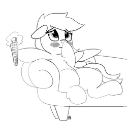 Size: 1280x1277 | Tagged: safe, artist:pabbley, rainbow dash, pegasus, pony, g4, 30 minute art challenge, blushing, couch, female, monochrome, nail file, offscreen character, simple background, solo, white background