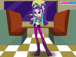 Size: 800x600 | Tagged: safe, artist:user15432, aria blaze, human, equestria girls, g4, my little pony equestria girls: rainbow rocks, antagonist, cafe, female, looking at you, microphone, pendant, solo, starsue