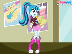 Size: 800x600 | Tagged: safe, artist:user15432, sonata dusk, equestria girls, g4, my little pony equestria girls: rainbow rocks, boots, clothes, female, food, hallway, pendant, poster, shoes, skirt, solo, starsue, taco, the dazzlings