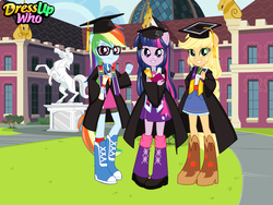 Size: 800x600 | Tagged: safe, artist:user15432, applejack, rainbow dash, twilight sparkle, alicorn, human, equestria girls, g4, boots, canterlot high, clothes, dress up who, dressup, dressup game, dressup games, dressupwho, flash game, glasses, graduate, graduation, graduation cap, hat, high heel boots, high heels, looking at you, mane six, ponied up, shoes, statue, trio, twilight sparkle (alicorn)