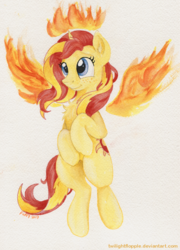 Size: 834x1161 | Tagged: safe, artist:foxxy-arts, sunset shimmer, pony, unicorn, g4, chest fluff, cute, female, fiery shimmer, fiery wings, fire, freckles, halo, peppered bacon, shimmerbetes, simple background, solo, traditional art, wings