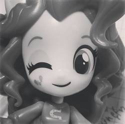 Size: 720x715 | Tagged: safe, artist:dixieart05, pinkie pie, equestria girls, g4, doll, equestria girls minis, eqventures of the minis, irl, monochrome, one eye closed, photo, solo, toy, wink, wondercolts