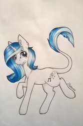 Size: 1024x1545 | Tagged: safe, artist:dexterisse, oc, oc only, pony, unicorn, female, mare, raised hoof, solo, traditional art, walking